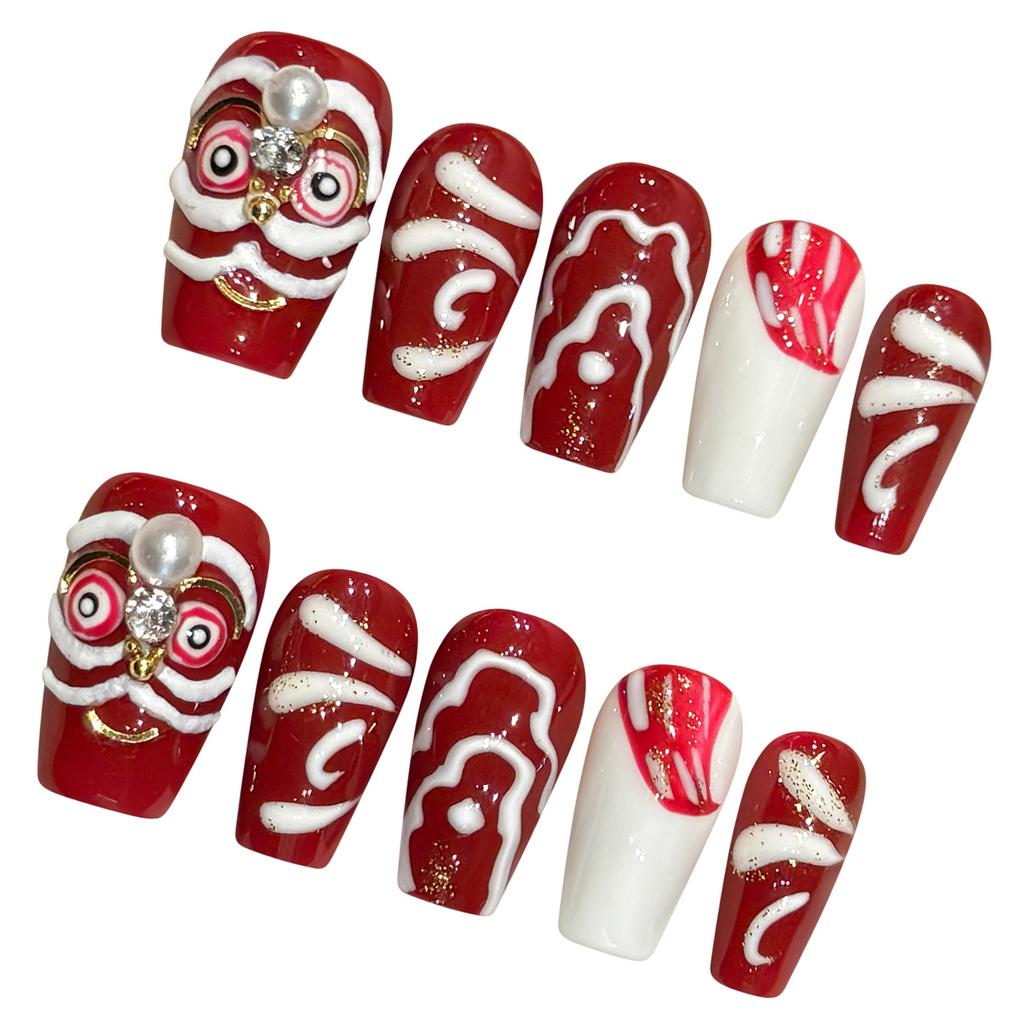 New Year Fake Nails with Lion Printed Ultra-flexible Long Lasting Fake Nails for Daily and Parties Wearing