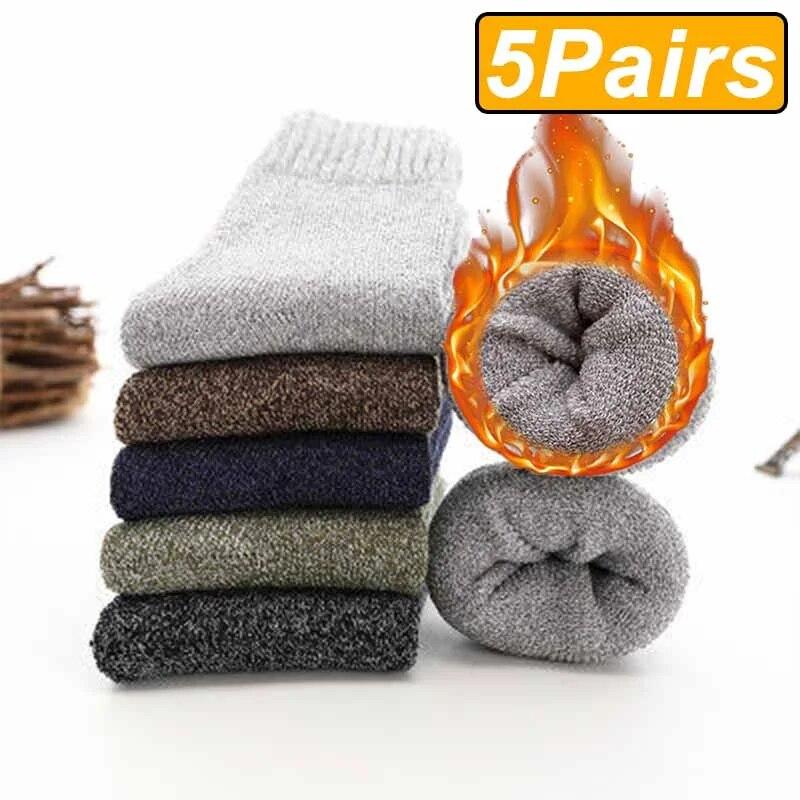 5 Pairs Winter Warm Men’s Socks Wool Male Women Socks Super Thicker Solid Socks Merino Wool Socks Against Cold Snow Terry Socks