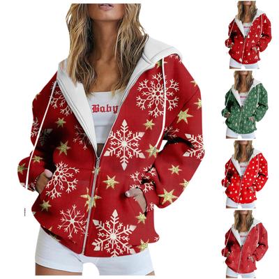 Женская повседневная мода рождественский принт длинный рукав пуловер толстовки с капюшоном на молнии пальто