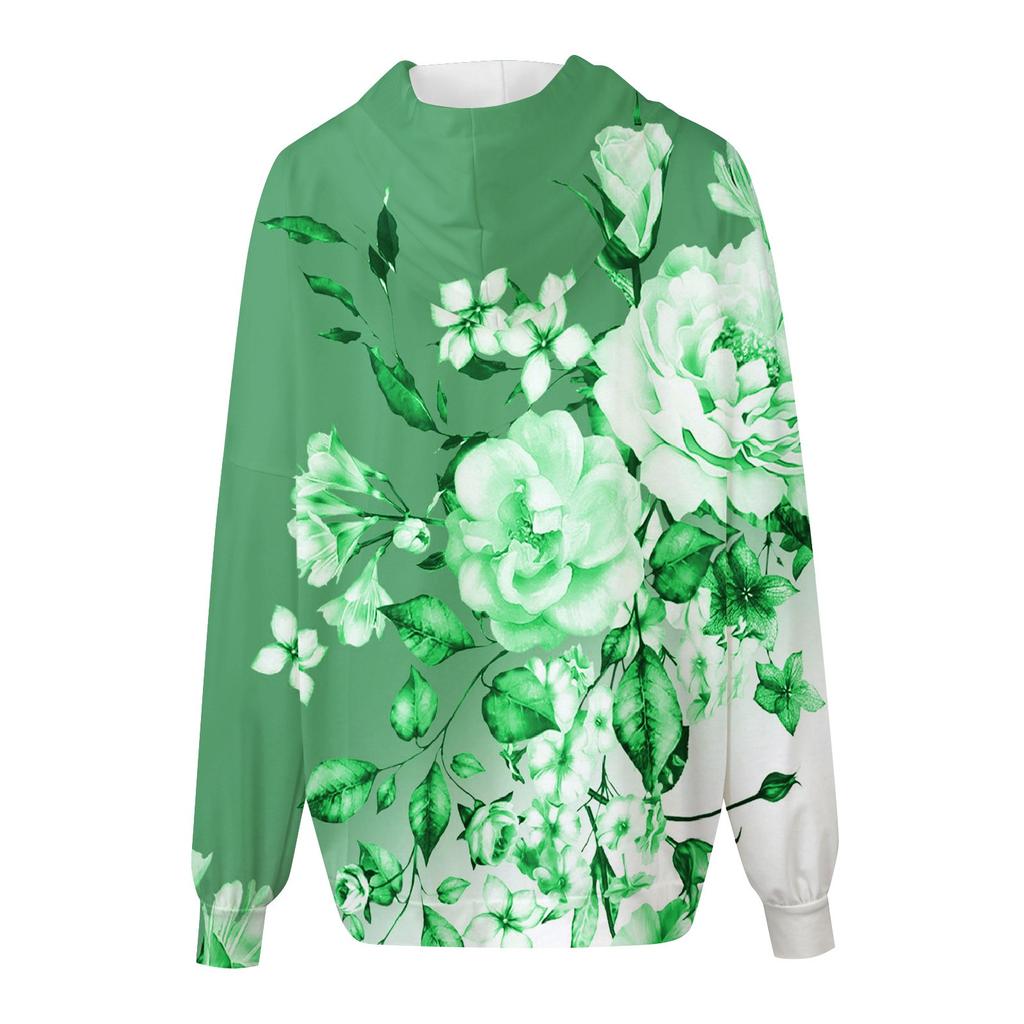 Женская мода с длинным рукавом и принтом, свободная толстовка с капюшоном на молнии и карманами