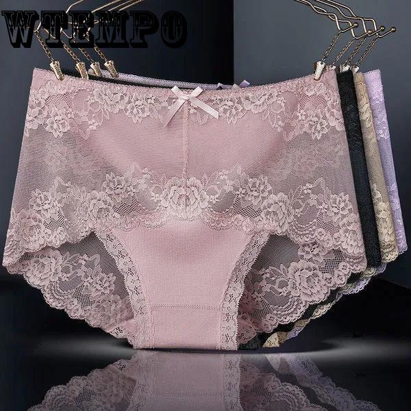 WTEMPO 4 шт./компл. однотонные бесшовные кружевные трусы с высокой талией, женские весенне-летние универсальные повседневные мягкие трусы большого размера