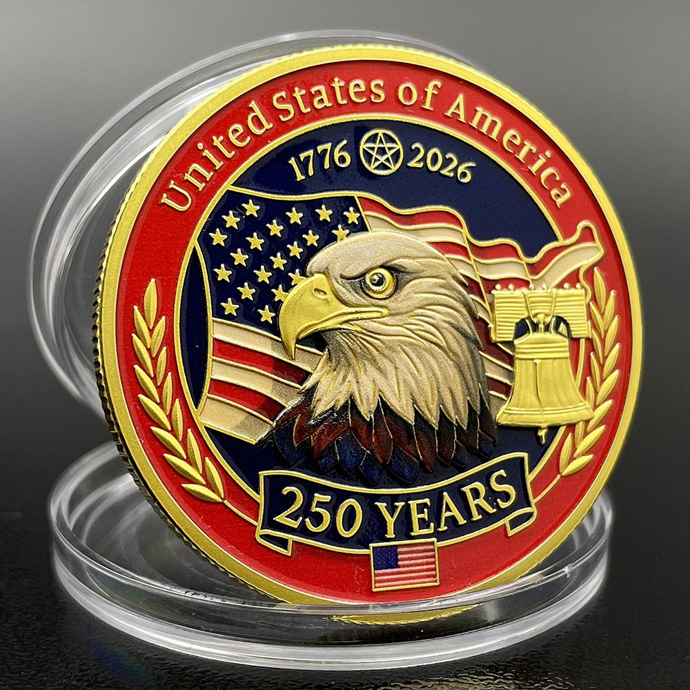 American Bald Eagle Gold Challenge Coin 1776-2026 US 250th Anniversary Coin Declaration of Independence Medal in Capsule