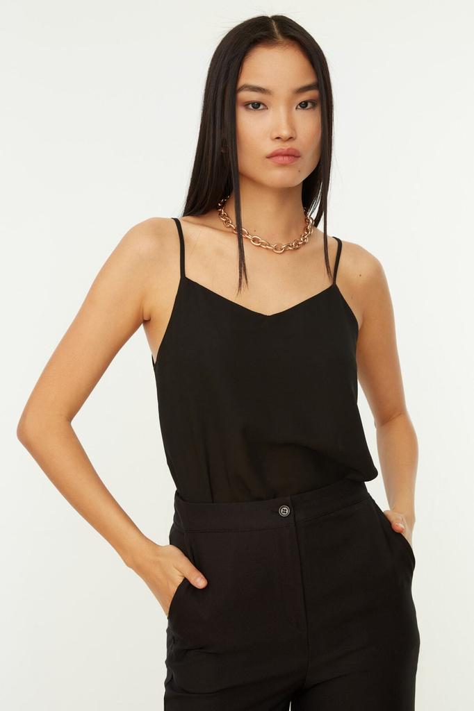 Women's Fashion New Blouse Black Basic Strap Woven Blouse