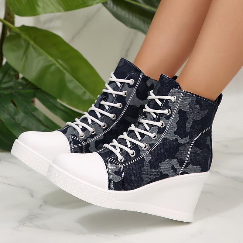 Fashion Women's High Top Wedge Sneakers Fashion Blue Camouflage Canvas Shoes Woman Lightweight Lace Up Platform Ankle Boots for Women