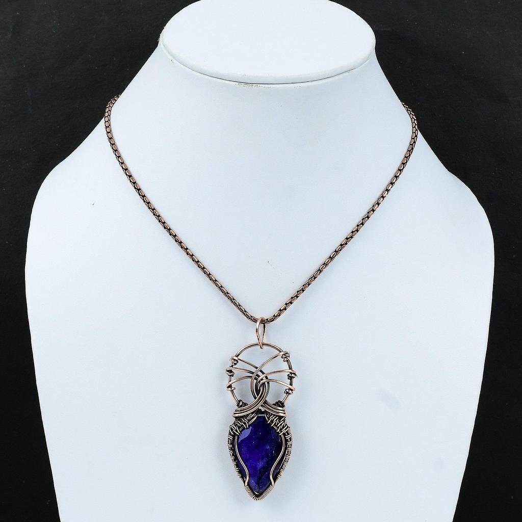 Ограненный Синий Сапфир Кулон Медная Проволока Обернутый Кулон Оригинальный Драгоценный Камень Медные Ювелирные Изделия Ручной Проволоки Обернутый Ювелирный Подвеска Для Женщин