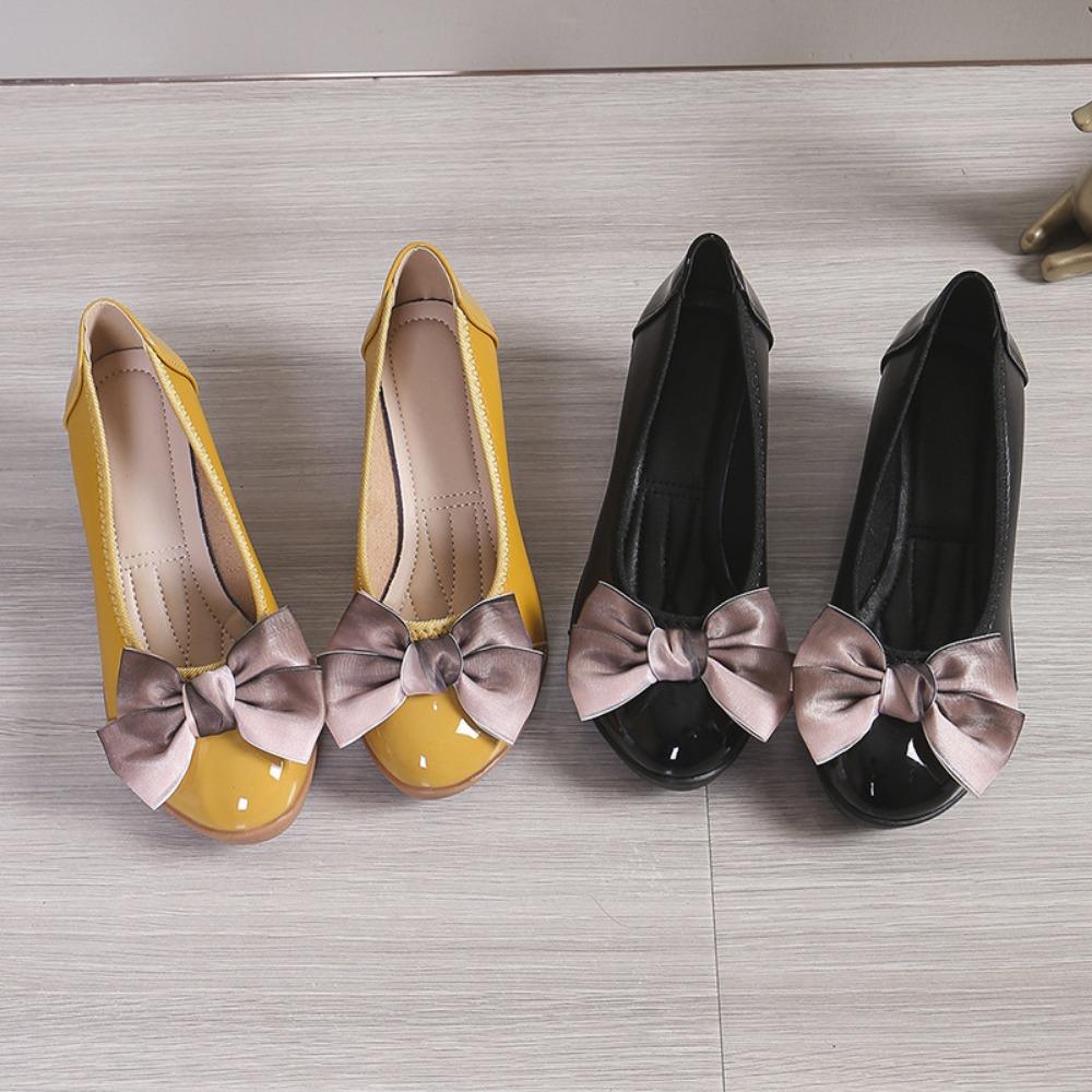 Весна и осень Новые женские туфли-одиночки, туфли с неглубоким бантом, рабочие туфли со стразами, туфли на танкетке для мам