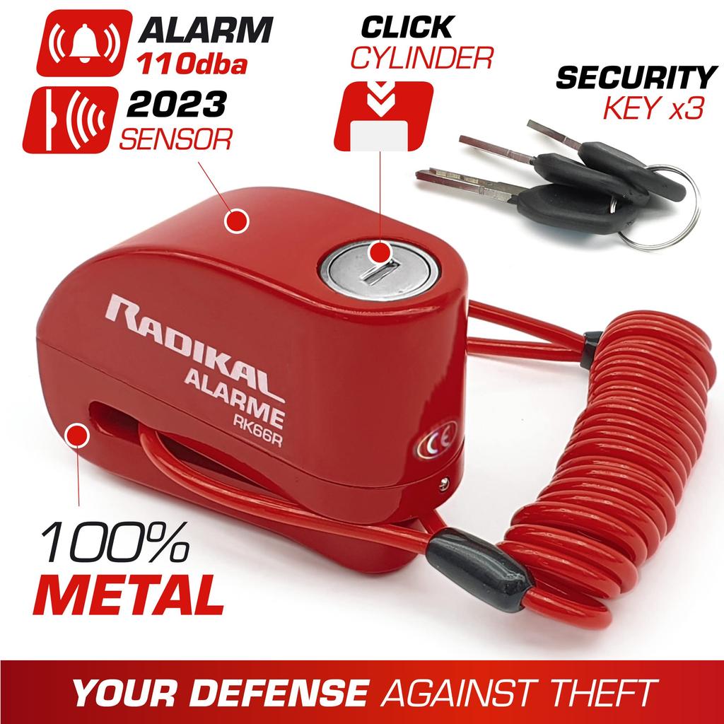 RADIKAL RK66R 110 дБ сигнализация мотоцикл замок, дисковый тормоз замок для мотоцикла скутера электрический велосипед, безопасность 6 мм стопорный штифт, напоминающий кабель, рюкзак
