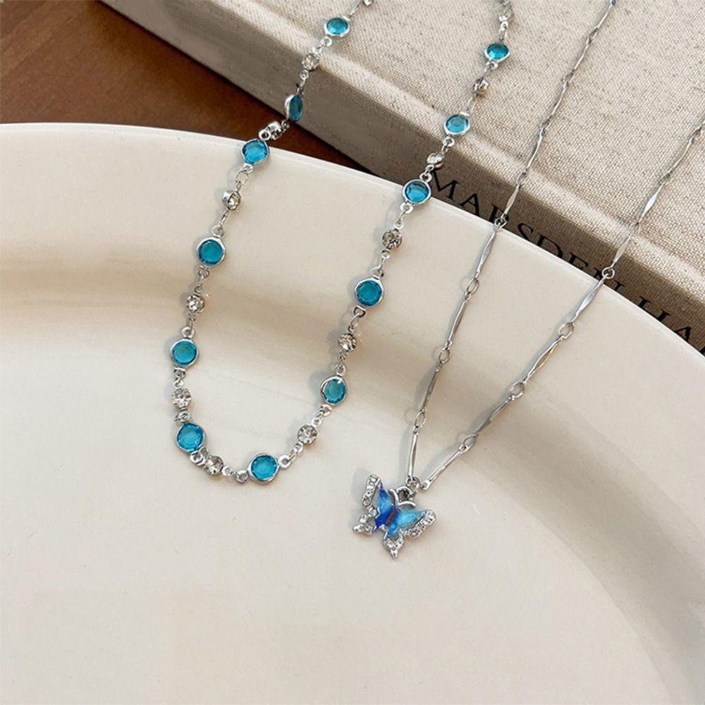 Temperament Butterfly Zircon Necklace Crystal Forest Necklace New Double-layer Necklaces Girl