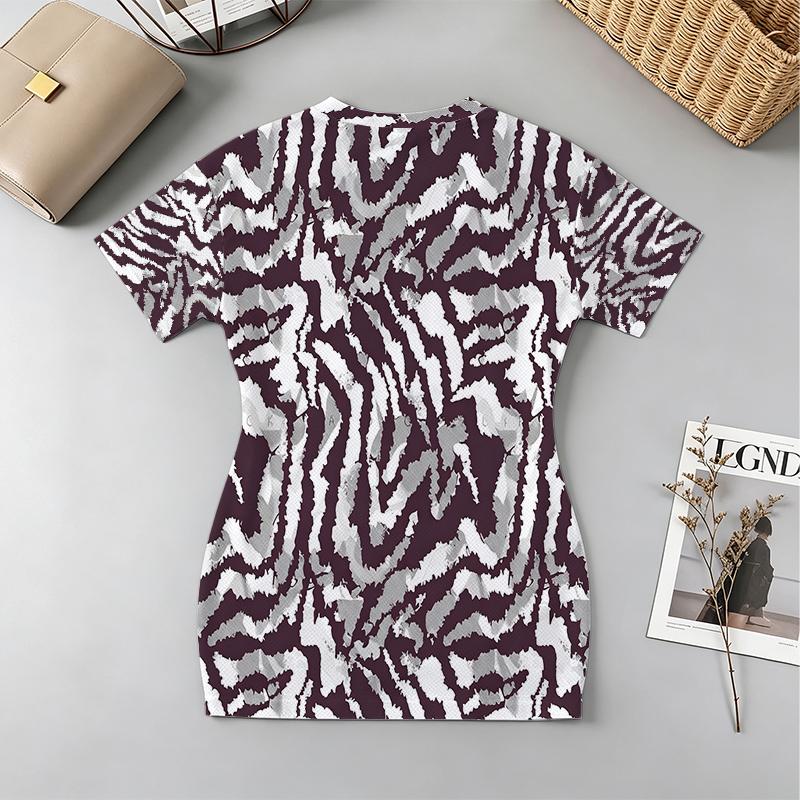 Zebra Print Fitted Short Sleeve Dress – V Neck, Soft Skin-Friendly, Versatile for Beach, Daily Casual, Vacation & Commute Outings