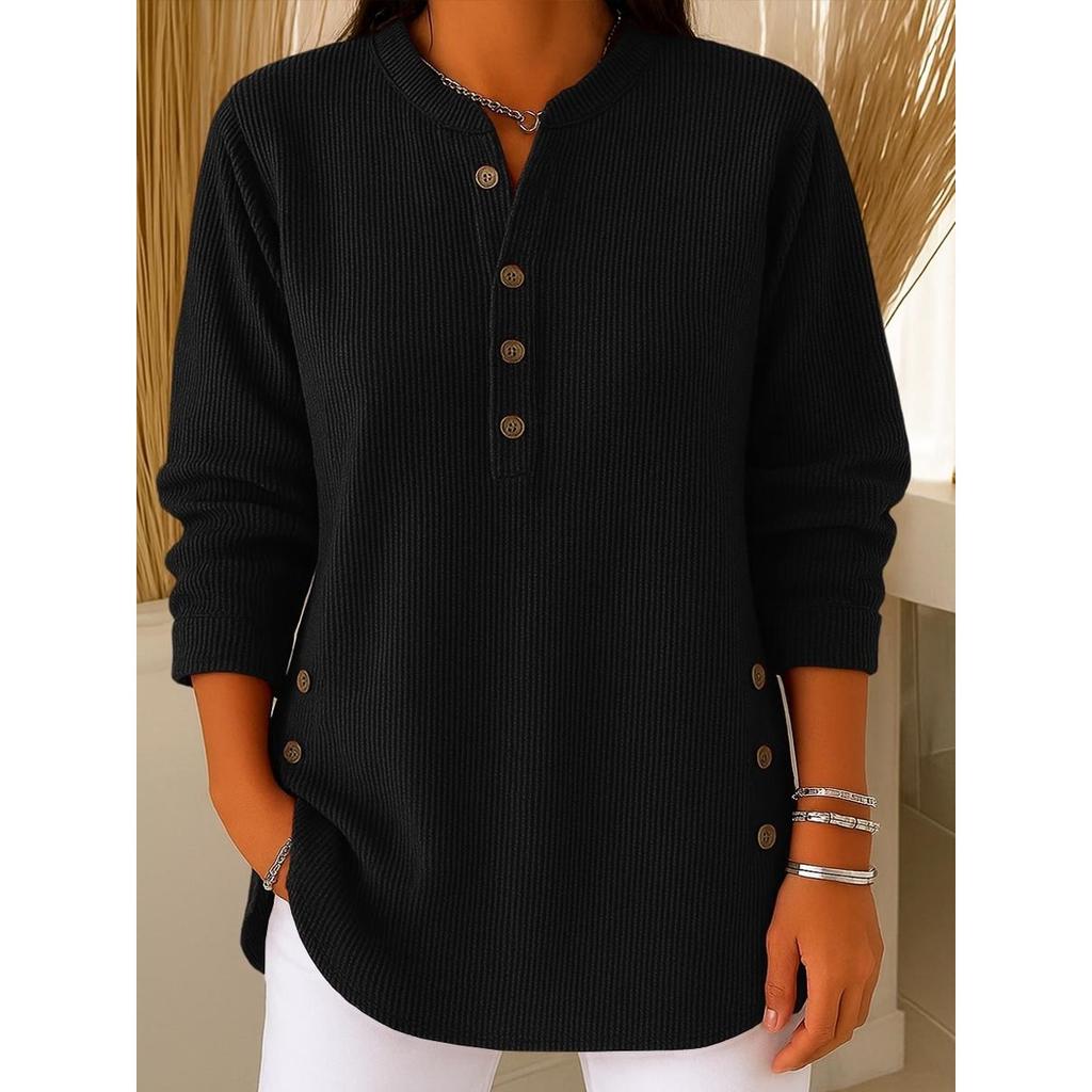 Осень Зима 2025 Новая Женская Однотонная Свободная Футболка Топ с V-образным вырезом на пуговицах и длинным рукавом в стиле кэжуал для Европы Америки
