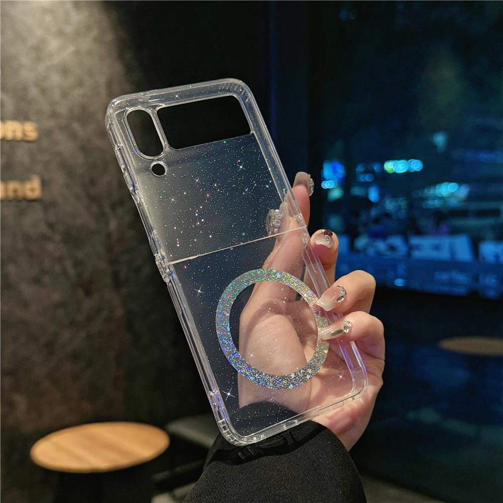 Подходит для чехла для мобильного телефона Samsung Zflip6 Zflip7 Магнитный складной Zflip5 4-го поколения Прозрачный блестящий защитный чехол