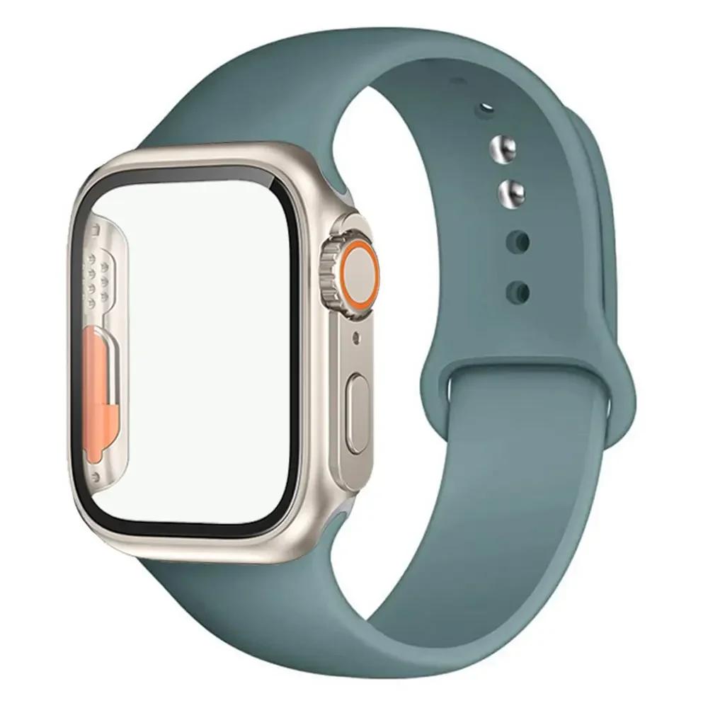 Силиконовый ремешок+Чехол для Apple Watch Band 44 мм 45 мм 41 мм 40 мм Закаленное стекло Cover Изменить на Ultra iWatch Series 9 8 7 SE 6 5 3