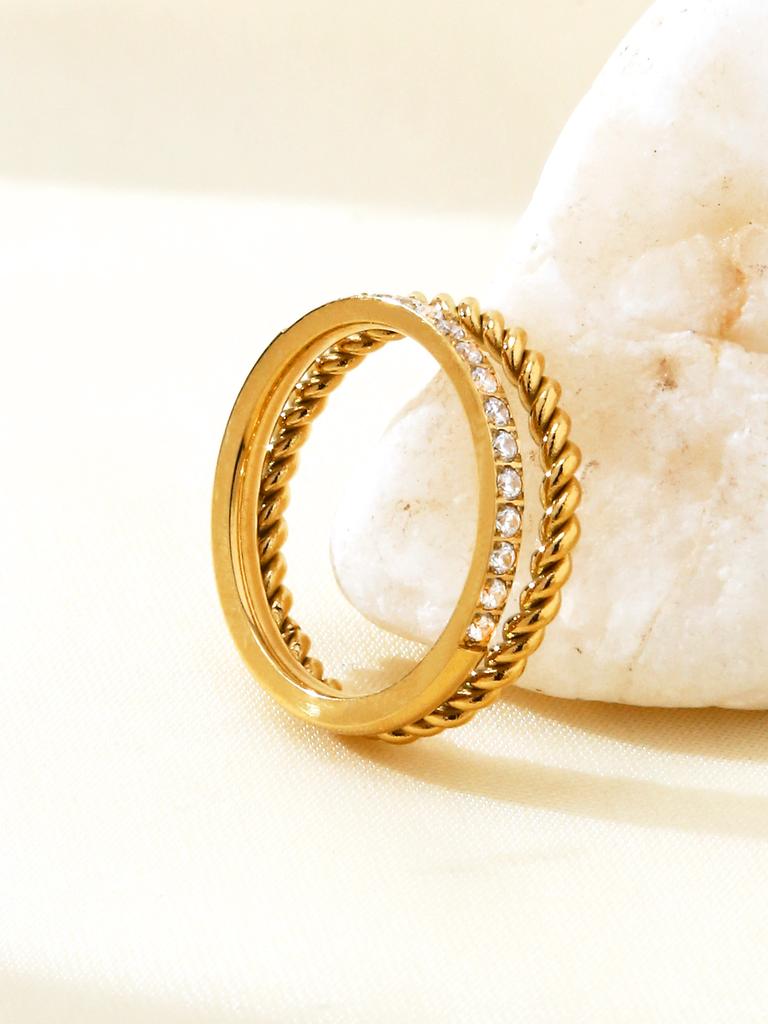 Korean Fashion Personality Cold Style Senior Sense Of Stainless Steel 18K Gold-Plated With Diamonds Double Layer Ring Female