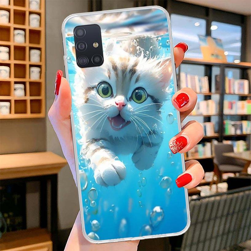 Мультяшный Милый Кот Рыба Эстетичный Чехол для Телефона Для Samsung Galaxy A12 A22 A32 A52 A72 A02S Чехол для Телефона Note 20 Ultra 10 S10 Plus