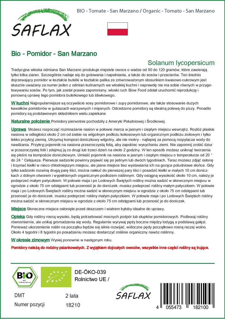 SAFLAX Garden in the Bag - Органический - Помидор - Сан-Марцано - 15 семян - С субстратом в подходящем стоячем пакете - Solanum lycopersicum
