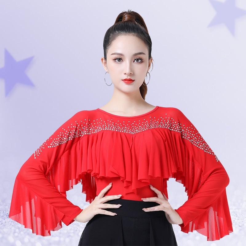 Womens Latin Dance Top With Rhinestone Trim Ruffled Hem Mesh Fabric Ballroom Square Practice