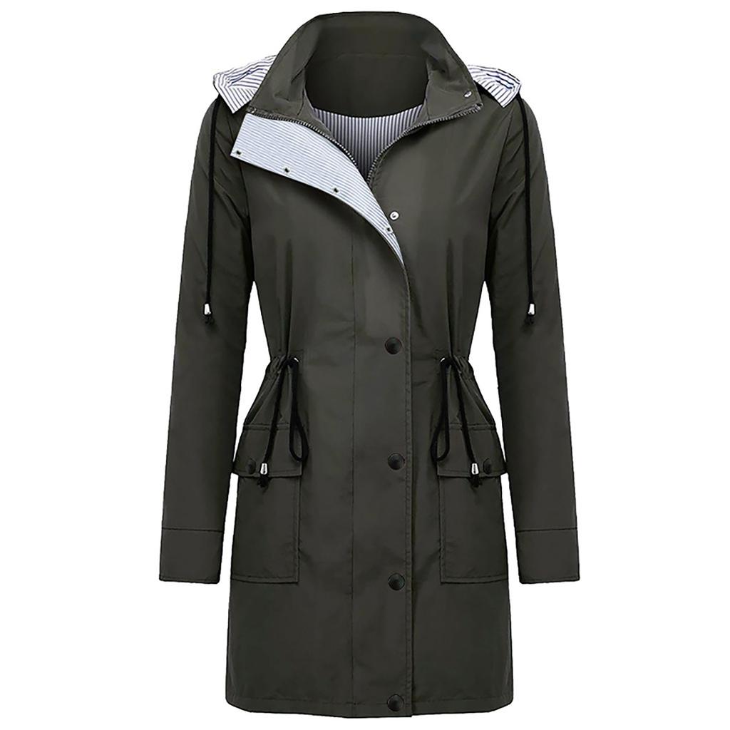 Women Solid Rain Jacket Outdoor Plus Size Waterproof Hooded Windproof Loose Coat