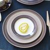 Fine Bone China Dinner Plates Sets, Light Luxury Tableware Stripe Pattern Gilt Edged Porcelain Dinnerware Round Set of 6