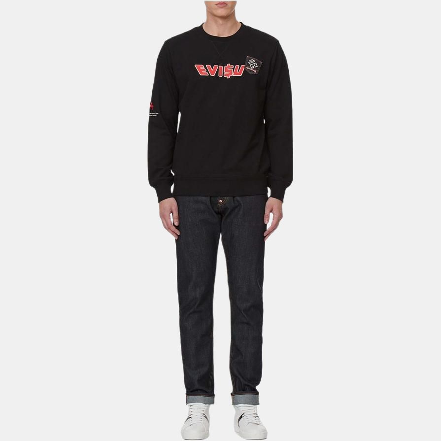 Evisu Свитшот с принтом в виде мультяшного узора и логотипа, круглый вырез, унисекс, черный, 2ESMOM2SW450XXCT