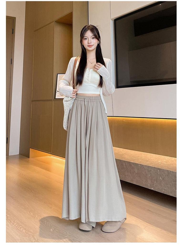 Women's High-Waisted Linen-Cotton Wide-Leg Pants: Loose, Slimming, Versatile, Textured Nine-Point Culottes