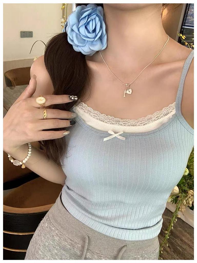 Summer Lace Trim Camisole with Chest Pads - Slim Fit Fake Two-Piece Design for Women