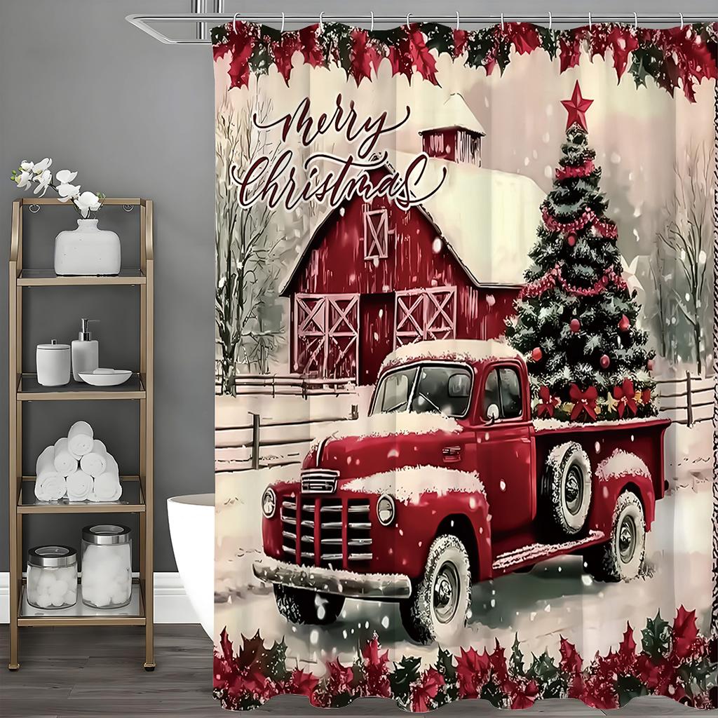 Merry Christmas Red Car Christmas Tree Shower Curtain, Bathroom Decorative Shower Curtain, Waterproof Shower Curtain with Hooks