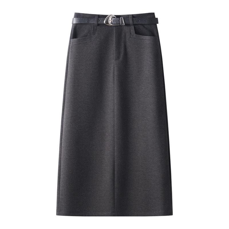 Женская юбка миди из шерсти цвета хаки 2024: Новый осенне-зимний прямой крой, миди длина с разрезом, облегающий дизайн.