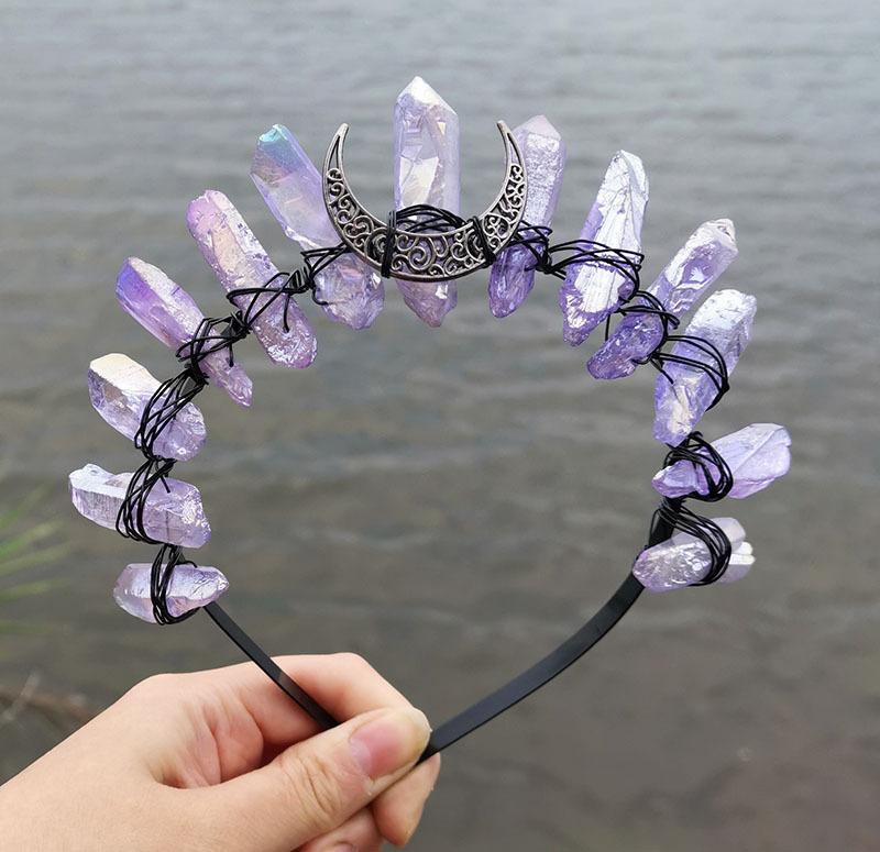 Natural Crystal Electroplating Frosted Crystal Witch Halloween Moon Crown Headband KTY