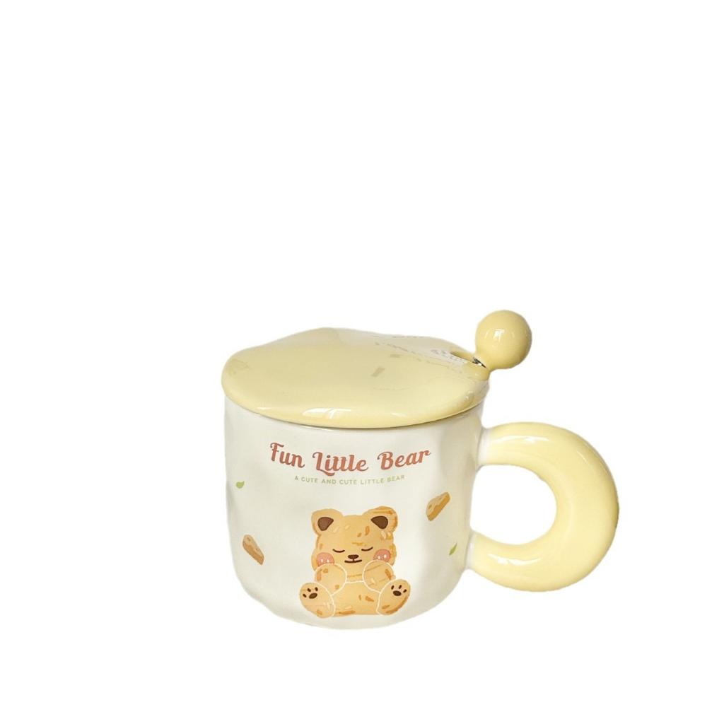Cartoon Butter Bear Cup Couple Ceramic Cup Girls High Looking Mug with Lid Spoon Home Office Water Cup