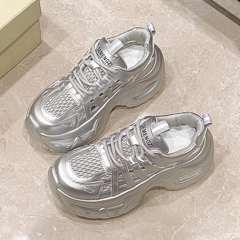 Модные 7,5 см Дышащие Полые Кожаные Женские Сандалии Вулканизированная Сетка Массивная Обувь Обувь на Платформе Высокие Каблуки Повседневные Летние Кроссовки