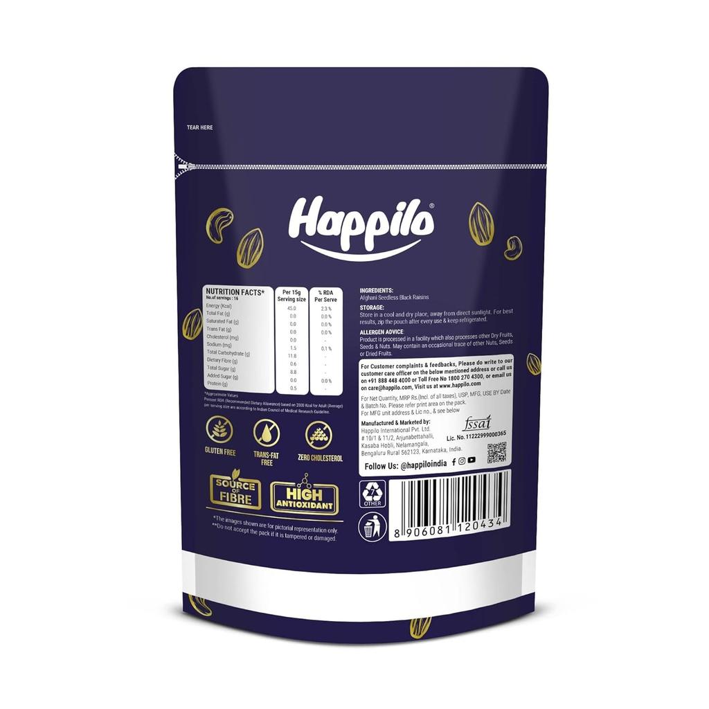 Афганский черный изюм (250 г), Premium Afghani Seedless Black Raisins, Happilo