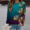 Fall Autumn Women'S Fashion O Neck Long Sleeve T-Shirt Loose Clothes Peacock Feathers Print T Shirt