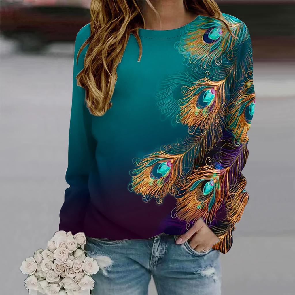 Fall Autumn Women'S Fashion O Neck Long Sleeve T-Shirt Loose Clothes Peacock Feathers Print T Shirt
