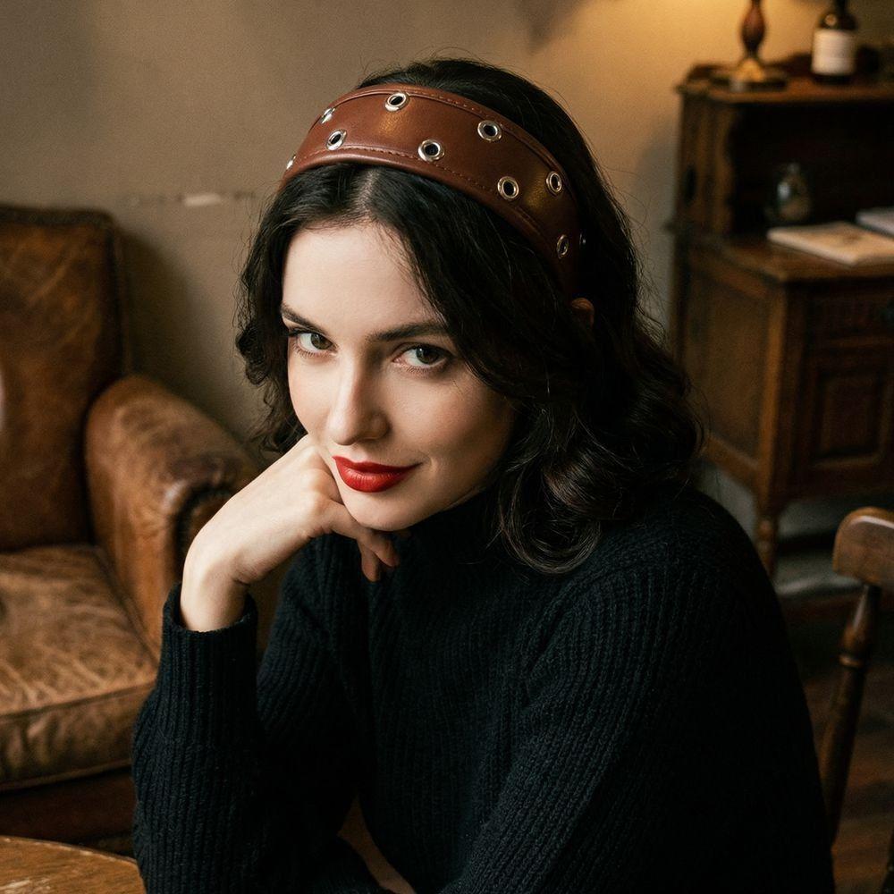 Wide Leather Headband Black and Red Hollow Ring Hair Hoop Ins Metal Rivets Headwear Urban
