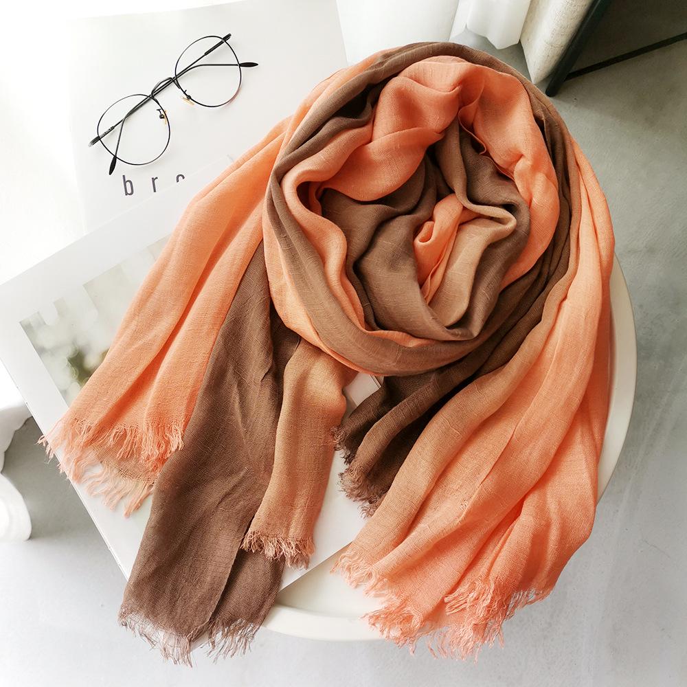 Gradient Color Block Bamboo Yarn Scarf for Women - Japanese Korean Mori Girl Style, Autumn Winter Cotton Linen Flax Shawl