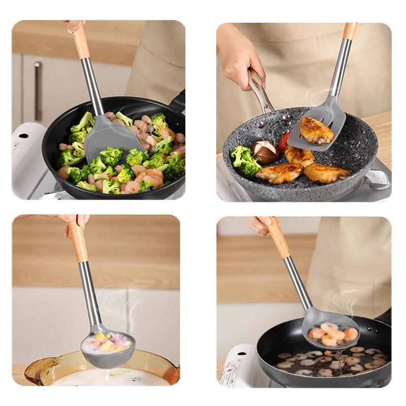 4 шт. кухонных принадлежностей, силиконовые наборы инструментов для приготовления пищи, антипригарная лопатка, лопатка для яиц с деревянной ручкой, сито для лапши, ложка для супа