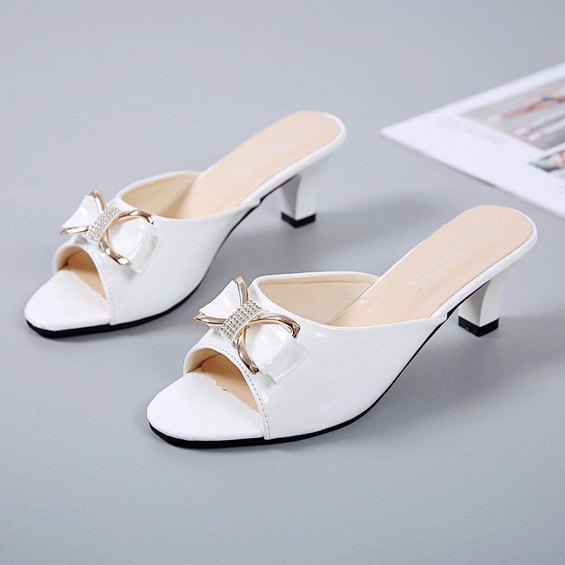 Сандалии Fish Mouth Женская одежда для отдыха Летние сандалии со стразами и бантом Универсальные женские туфли на высоком каблуке больших размеров