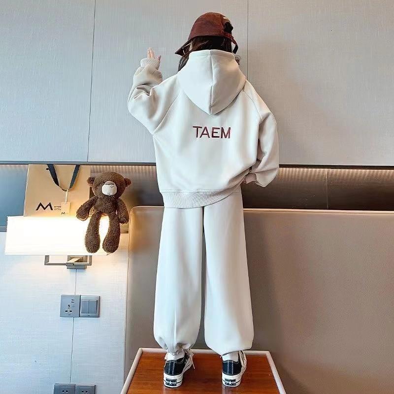 Девочки Зима Осень Мода Ins Ootd Корейский Стиль 2 шт Толстовка с Капюшоном + Брюки Спортивные Костюмы 6-14 лет Детская Повседневная Одежда Комплекты