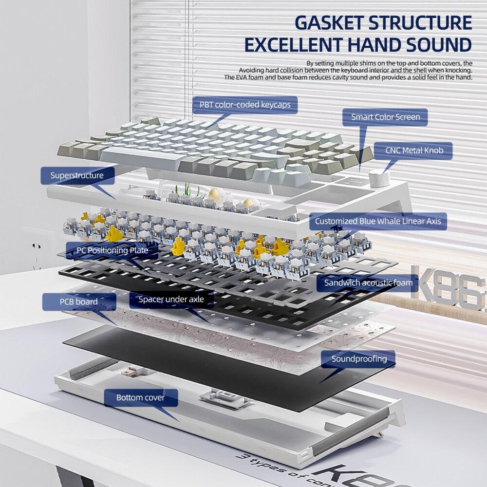 K86 Беспроводная механическая клавиатура с возможностью горячей замены Bluetooth/2,4g с экраном дисплея и поворотной кнопкой громкости для игр и работы