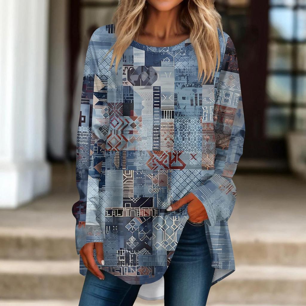 Women's Casual  Plus Size Long Sleeved Round Neck Printed T-shirt Top Pullover