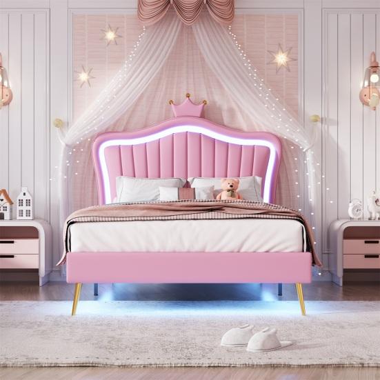 Family Bed Crown Shape Children with Headboard LED Light Heavy Single Duty Strong Carrying Capacity Girl Bedroom Furniture Indoor