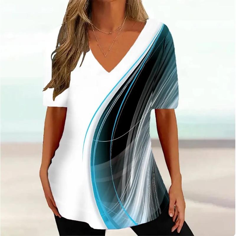 Plus Size Simple Women's T-shirt 3d Wave Curve Tee Fashion V-neck Summer Short Sleeve Loose Streetwear Female Clothes Casual Tshirt Ladies