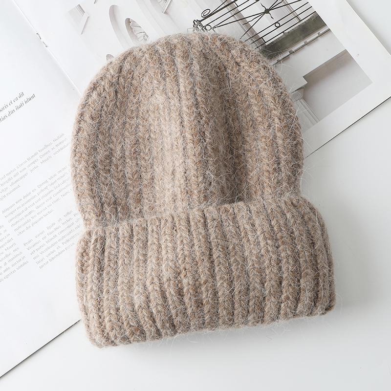 Konijnenbont Zachte Warme Beanie Muts Voor Vrouwen Wol Motorkap Dikke Gebreide Mooie Skullies Mutsen Ангорская вязаная шапка