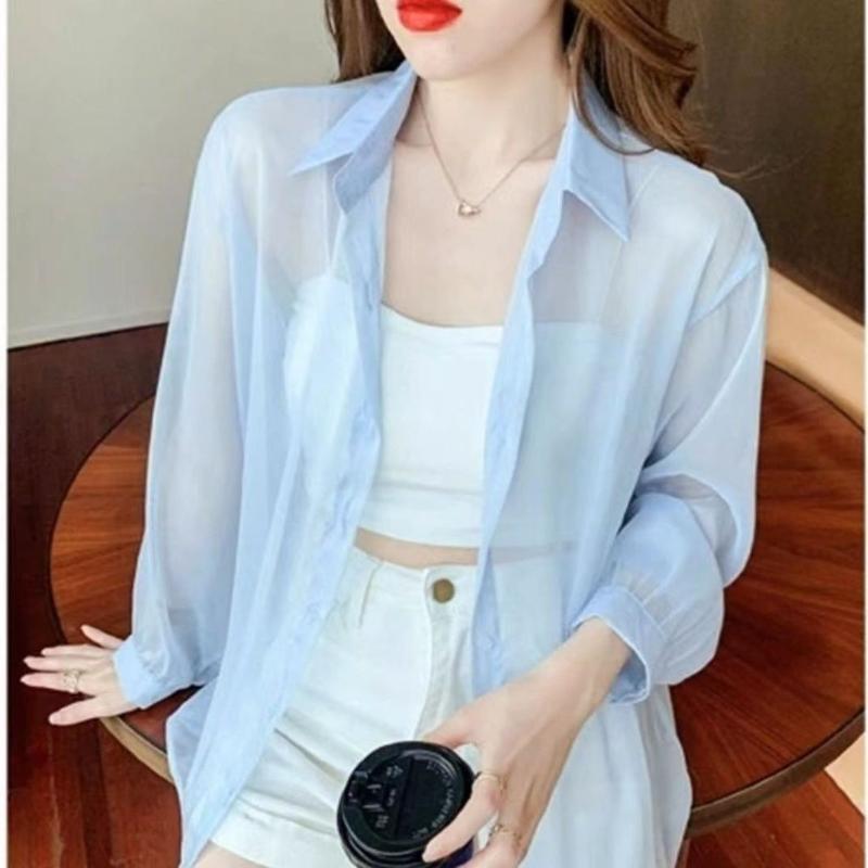 WTEMPO Summer Women's Sunscreen Cardigan Thin Jacket Chiffon Tops Korean Temperament Loose Long-sleeved