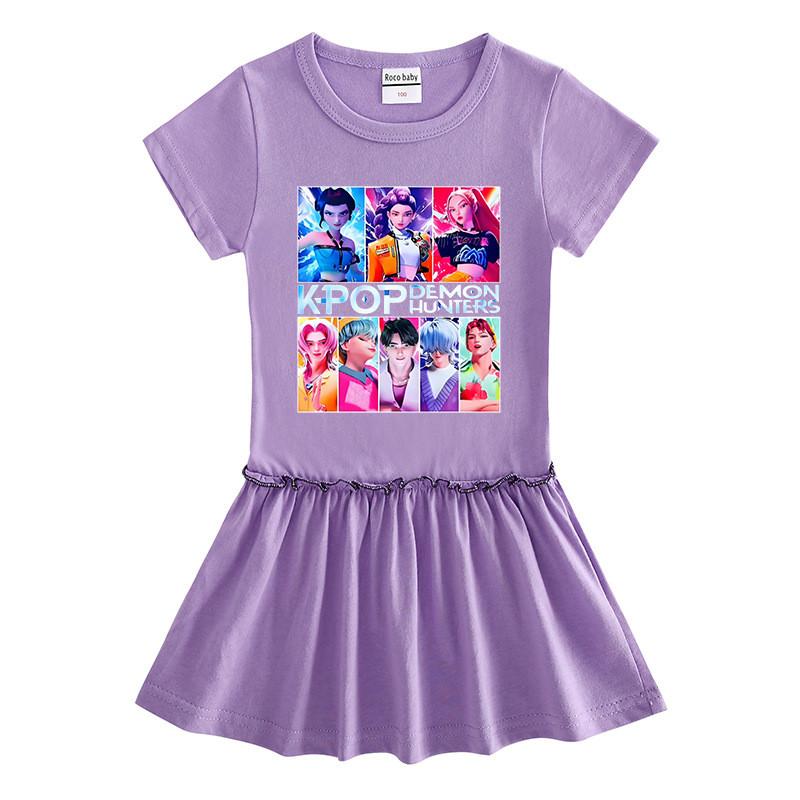 Girls Kpop Rumi Mira Zoey Hunters Print Raglan Sleeves Ruffle Dress