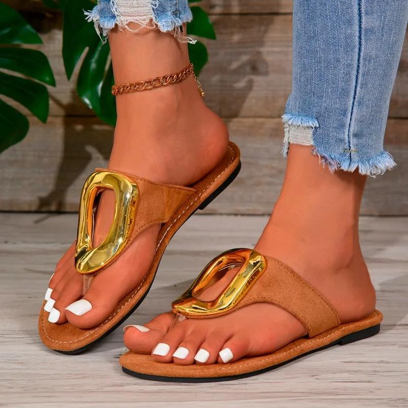 2024 Горячая Распродажа Женская Обувь Летние Женские Тапочки С Металлическим Украшением Открытые Носки Низкие Каблуки Резиновые Ремни Пляжные Тапочки Женские