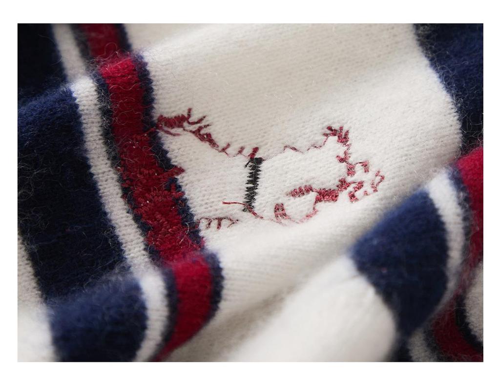 Korean Style Cashmere Puppy Embroidery Striped Crew Neck Sweater Coat for Women - Autumn/Winter Loose Knit Cardigan