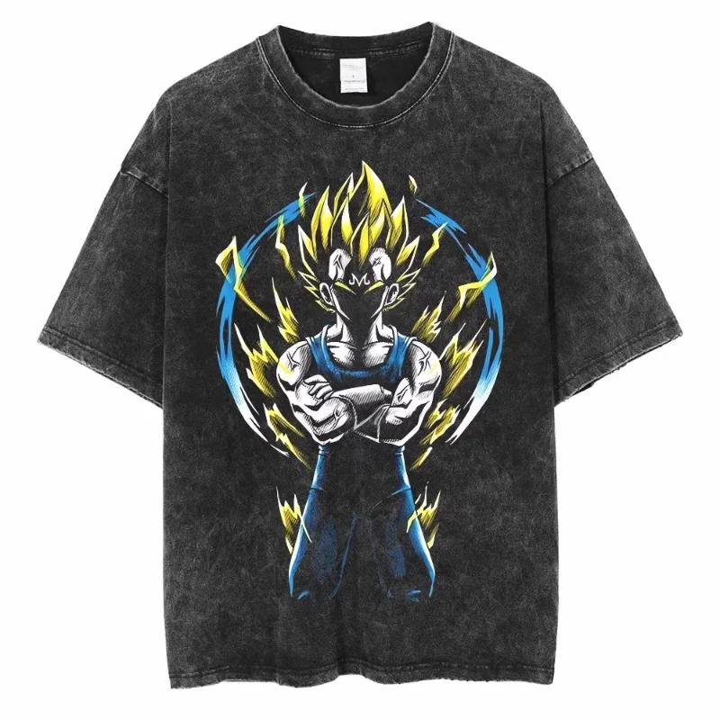 Аниме Dragon Ball Стиранная футболка Винтажный принт Goku Vegeta Хлопок Короткий рукав Свободный крой Мужчины Женщины Повседневная одежда Топы Лето 2026