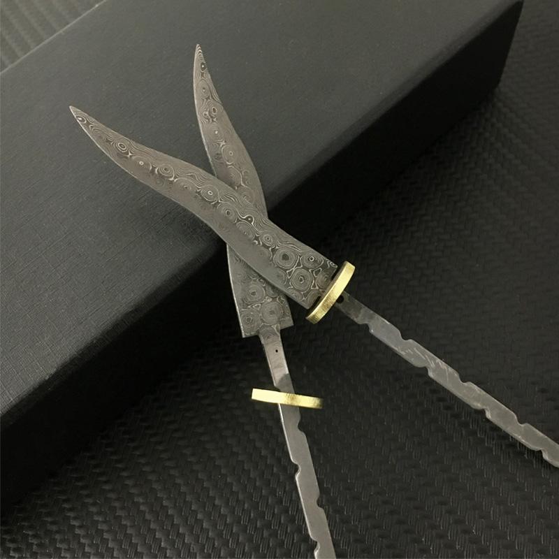 1PCS Semi-manufactures Rosette Damascus Steel Pu 'er Tea Knife Billets DIY Fixed Blade Knife Needles Supplies