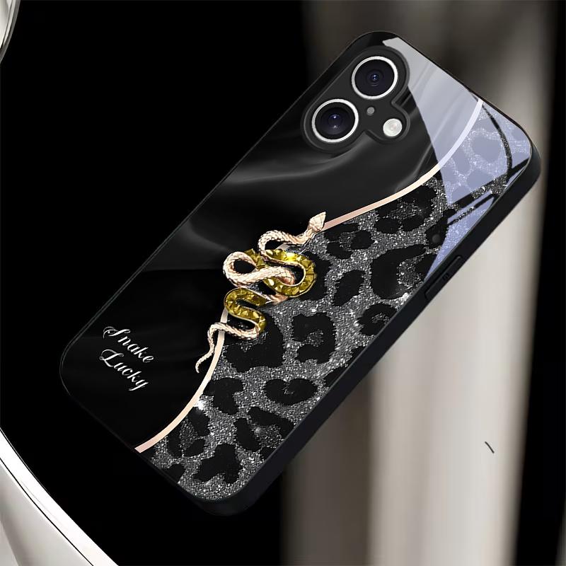 Чехол из черного стекла с принтом леопарда, розы, змеи для iPhone 17 Air 16 E 15 Plus 14 Pro Max 13 12 mini 11 5 6 7 8 Plus XR SE
